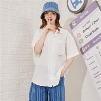 CACHE CACHE夏季新款宽松休闲复古字母刺绣褶皱垂感短袖衬衫