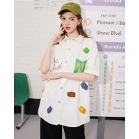 CACHE CACHE新款韩版宽松口袋设计短袖刺绣字母上衣外穿女式衬衫