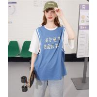 CACHE CACHE假两件上衣宽松休闲撞色短袖字母印花外穿圆领女式T恤