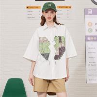 CACHE CACHE夏季新款高级感复古休闲宽松短袖刺绣贴布上衣衬衫