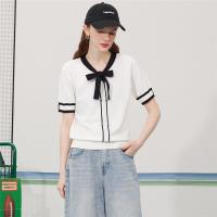 CACHE CACHE新款气质时尚洋气撞色蝴蝶结条纹针织衫短袖上衣T恤