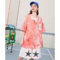 CACHE CACHE新款韩版宽松上衣V领短袖单排扣字母贴布女式衬衫潮