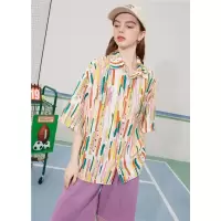 CACHE CACHE薄款口袋上衣宽松休闲印花短袖个性涂鸦撞色女式衬衫