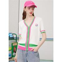 CACHE CACHE气质洋气拼色针织开衫短袖双拉链条纹撞色女式t恤