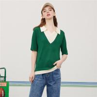 CACHE CACHE复古时尚假两件拼色翻领T恤V领女式针织短袖