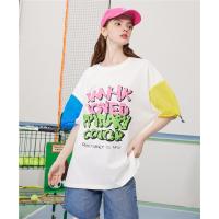 CACHE CACHE夏季新款洋气百搭字母印花拼色短袖抽绳宽松短袖T恤