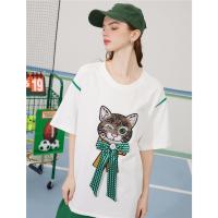 CACHE CACHE夏季新款宽松钉珠蝴蝶结刺绣猫咪时尚潮流短袖T恤