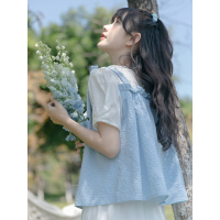CACHE蓝色拼接短袖女2022俏皮减龄少女风圆领套头宽松假两件上衣