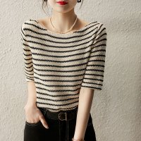 CACHE新款2022夏款女装设计感港风条纹宽松针织衫短袖T恤女潮休闲