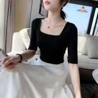 Cache Cache纯棉方领t恤女中袖2022春夏秋季港风露锁骨法式打底衫