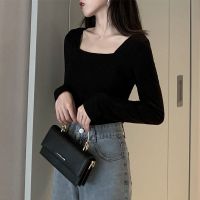 Cache Cache上衣方领法式锁骨长袖纯棉T恤女黑色打底衫内搭露锁骨
