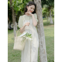 CACHE假两件碎花连衣裙女小众夏季2022新款韩系温柔风收腰长裙子