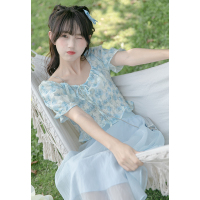 CACHE夏薄款俏皮少女油画撞色碎花衬衫甜美泡泡袖设计修身上衣女