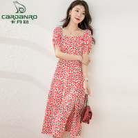 卡丹路碎花短袖连衣裙女夏季新款方领沙滩度假长裙收腰显瘦裙子
