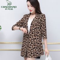 卡单路 豹纹西服夏季格子西服中长款法式时尚七分袖小西装