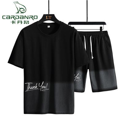 卡丹路男士短袖套装夏季速干圆领体恤五分短裤跑步运动两件套