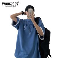 WOOG2005雾霾蓝短袖t恤男2022年新款假两件原宿风夏季五分袖半袖