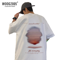 WOOG2005重磅美潮t恤oversize落日夕阳短袖男ins潮宽松七分半截袖