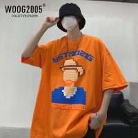 WOOG2005橙色美式重磅t恤梵高像素小领口短袖男设计感小众七分袖