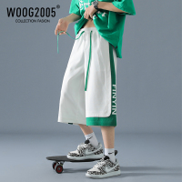 WOOG2005假两件排扣短裤男夏季不规则拼接国潮嘻哈裤子高街七分裤