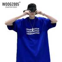 WOOG2005克莱因蓝小领口t恤男设计感小众重磅vtg短袖打底六七分袖