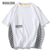 WOOG2005 短袖T恤男拼接棋盘格运动情侣上衣字母印花潮流简约男装
