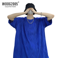 WOOG2005克莱因蓝短袖男设计感小众褶皱肌理感冰丝T恤七7分袖