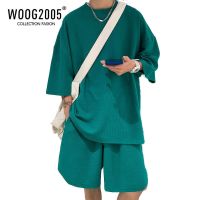 WOOG2005墨绿色华夫格短袖短裤套装男夏季美式篮球运动服男装一