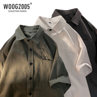 WOOG2005军绿色短袖衬衫男高级感日系cityboy工装衬衣外套七分袖