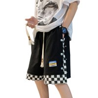 WOOG2005休闲裤男夏季港风棋盘格假两件短裤百搭潮流宽松五分裤子