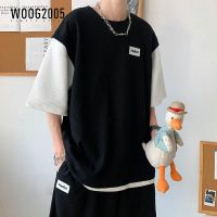 WOOG2005运动套装夏季韩版潮流男装假两件短袖t恤男帅气搭配一套