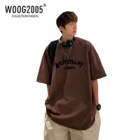 WOOG2005古着棕咖色短袖t恤男ins潮夏季美式复古重磅七分袖情侣