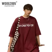 WOOG2005酒红色vintage重磅t恤男夏季短袖oversize美式半袖五分袖
