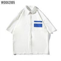 WOOG2005 口袋拼色宽松衬衫男夏季潮流短袖衬衣方领高级体恤衫