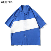 WOOG2005 斜拼色宽松衬衫男夏季潮流短袖衬衣方领高级百搭体恤衫