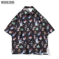 WOOG2005 卡通印花宽松衬衫男夏季潮流短袖衬衣方领高级感体恤衫