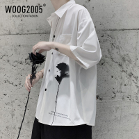 WOOG2005日系白衬衫男2022新款夏季薄款玫瑰花情侣装衬衣6七分袖
