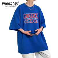 WOOG2005美式复古t恤情侣装夏装克莱因蓝短袖男ins潮纯棉宽松半袖