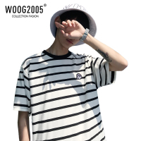 WOOG2005黑白条纹短袖T恤男夏季小领口魔术贴纯棉学院风体恤上衣