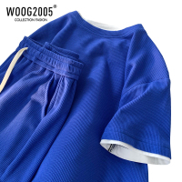 WOOG2005华夫格男士夏季套装克莱因蓝短袖短裤男装一套搭配帅气
