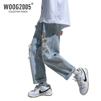 WOOG2005破洞牛仔裤男直筒宽松美式oversize裤子高街潮ins九分裤