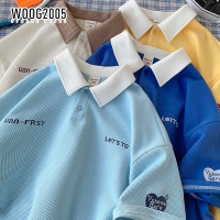 WOOG2005刺绣撞色立领短袖polo衫男高级感上衣潮牌宽松华夫格t恤
