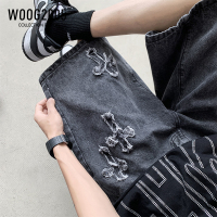 WOOG2005黑色牛仔短裤男设计感小众潮牌ins毛边字架直筒短裤子