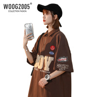 WOOG2005无性别日系Polo衫短袖刺绣美式复古棕色情侣T恤夏季半袖