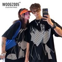 WOOG2005情侣装ins情侣短袖潮流t恤男设计感小众vintage动漫半袖