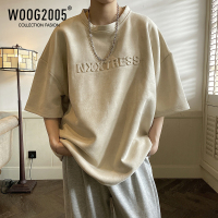 WOOG2005卡其色美式复古T恤男纯色鹿皮绒短袖设计感立体字母半袖