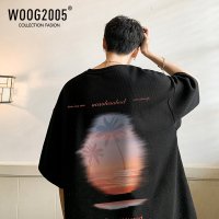 WOOG2005美式复古T恤短袖男黑色华夫格潮ins落日夕阳boy体恤半袖