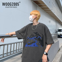 WOOG2005灰色美式水洗做旧t恤男情侣夏装重磅短袖高街vibe风5半袖