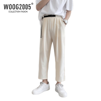 WOOG2005杏色冰丝裤子男夏季薄款九分西装裤美式hiphop直筒休闲裤