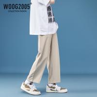 WOOG2005卡其色冰丝裤子男夏季薄宽松直筒九分西裤潮流百搭休闲裤